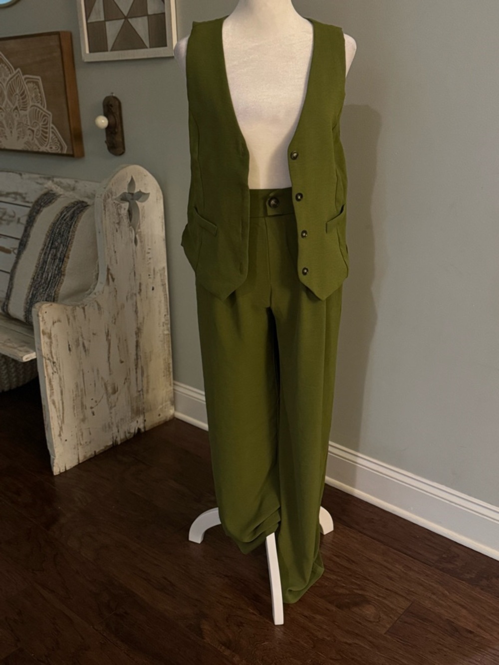 Olive Green Women's Tailored Vest & High-Rise Trousers Set